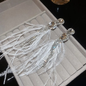 Detailed view of silver needle teardrop crystal earrings with white feather tassels