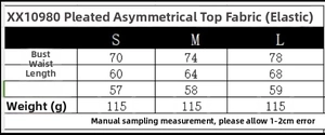 Size chart for the asymmetric strapless top including bust and waist measurements