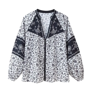 Blouse Femme Imprimé Fleuri Manches Longues Col En V Coutures Contrastées Décontractée Rétro Chemise En Polyester