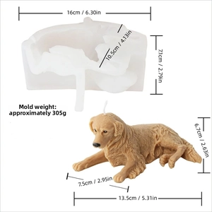Detailed dimensions of golden retriever dog silicone candle mold and finished product