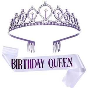 Detail of purple crystal crown and white satin Birthday Queen sash set for parties