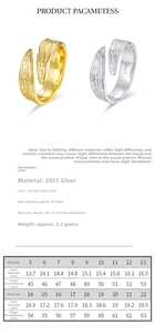 Detailed sizing chart for the 925 sterling silver ring showing inner diameter measurements