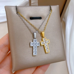 Luxurious titanium steel cross pendant necklace with zircon stones in gold and silver