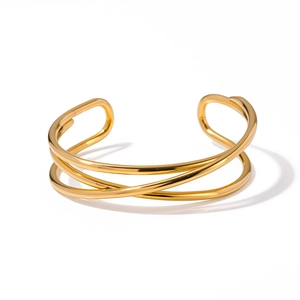 Minimalist 18k gold plated stainless steel multi-layer open cuff bracelet with textured lines