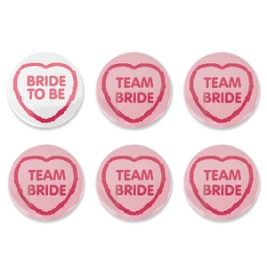 Detailed view of 6-piece wedding badge set with Bride to Be and Team Bride heart designs