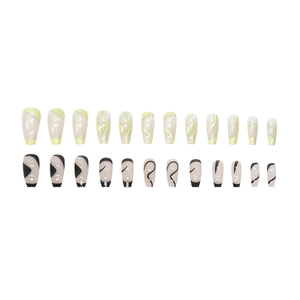 Long coffin press-on nails with yellow and black abstract wavy lines on nude base