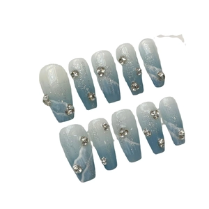 Blue and white gradient handmade press-on nails with glitter and rhinestones decorations