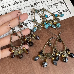 Bohemian retro teardrop earrings with turquoise and antique bronze alloy dangle beads