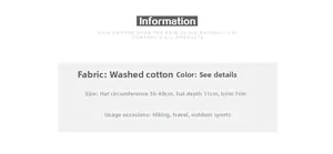 Size chart for washed cotton baseball cap with 56-60cm circumference and 7cm brim
