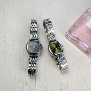 Elegant square dial ladies quartz watch with silver steel band in grey and green colors