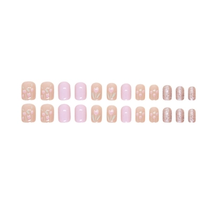 Pink tulip press-on nails with glitter accents and hand-painted floral art designs