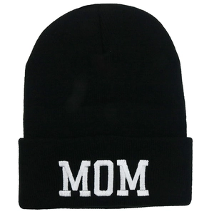 Classic black knitted beanie hat with white MOM embroidery for winter outdoor warmth