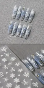 Detailed macro of 5D snowflake embossed nail stickers and ballet theme press-on nails