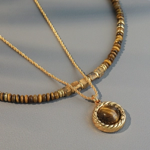Tiger eye beaded and gold chain necklace set with natural stone pendant for women