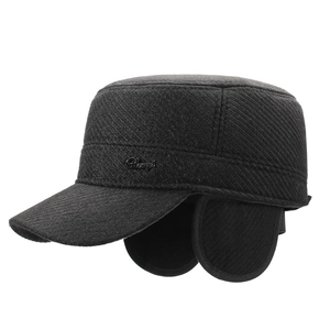 Cappello invernale da uomo con paraorecchie e spesso tessuto di lana nero antracite