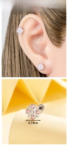 Detail showing 0.74cm daisy stud earring with pink zircon in floral design