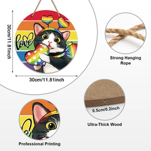Rainbow Love cat wooden door sign 12-inch round farmhouse hanging plaque decor