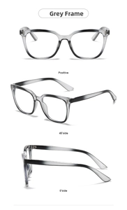 Three-view display of gradient grey oversized frames with metal hinges and sleek finish