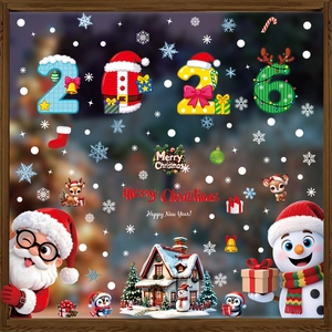 2026 Christmas window stickers with Santa, snowman, and reindeer on a glass display