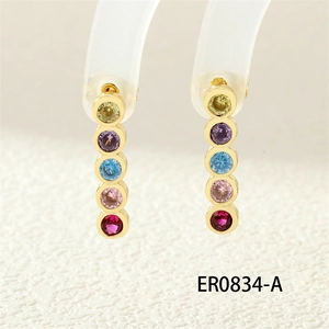 Detailed vertical view of long drop earrings with five colorful faceted round zircons
