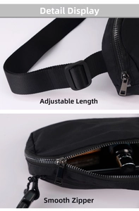 Detail view of nylon running bag showing adjustable strap and smooth zipper closure