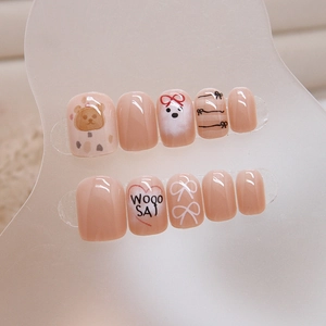 Cute bear and ghost motif cartoon press-on nails in soft nude pink finish, 24 piece set