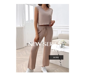 Detail of khaki sleeveless top and ribbed wide leg trousers for summer resort style
