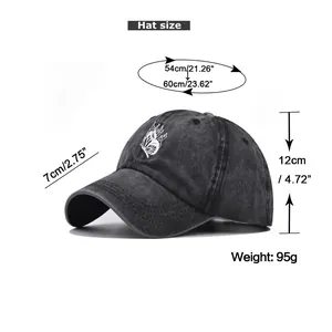 Size chart for washed denim baseball cap with butterfly embroidery detail and dimensions