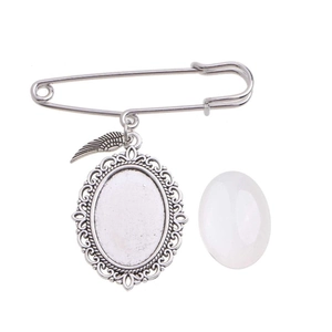 DIY silver metal wing brooch pin set with oval bezel tray and translucent cabochon