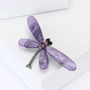 Chic purple dragonfly brooch with fiber texture resin wings and crystals on a silver base