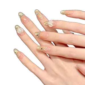 Handmade almond press-on nails with 3D fishtail patterns, pearls and glitter gradients