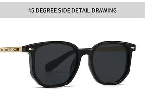 Detail view of black TR90 square sunglasses with gold hollowed-out geometric metal temples