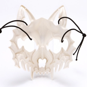 Rear view of white resin wolf mask showing the adjustable black elastic head strap