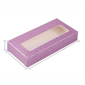 Detailed view of bright purple glitter eyelash box with transparent window and dimensions