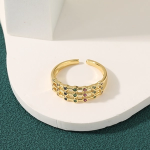 Luxurious gold-plated adjustable ring with micro-set multi-colored cubic zirconia stones