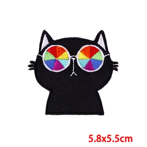 Embroidered black cat patch with rainbow glasses and secure iron-on backing, 5.8x5.5cm