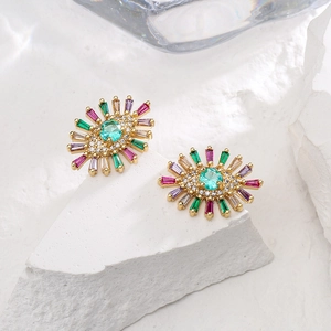 18K gold-plated eye-shaped earrings with colorful zircon and turquoise center stone