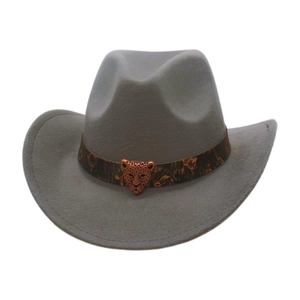 Vintage light gray felt jazz hat with brown patterned belt and metal leopard head buckle