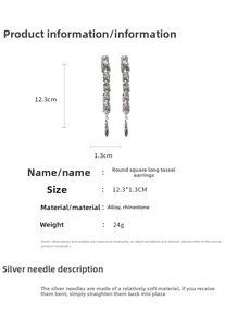 Detail of silver long tassel earrings featuring round and square cut clear rhinestones