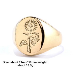 Detailed view of 17x13mm gold stainless steel ring with sunflower motif and 18.5g weight
