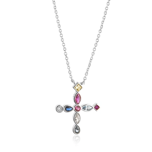 Classic S925 sterling silver cross pendant necklace with vibrant multi-colored zircons