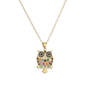 Gold-plated owl pendant necklace with vibrant multi-color zircon stones on white background