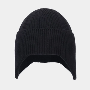 Winter solid black knitted earflap beanie hat with thick thermal insulation for outdoors
