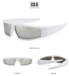 Three-view display of white Y2K sports sunglasses with reflective silver mercury lenses