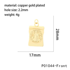 Detailed specs of gold plated copper religious Saint Benedict square pendant charm
