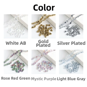 Detailed view of 8mm heart-shaped crystal glass beads in six iridescent metallic finishes