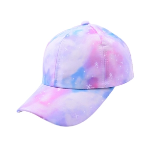 Detailed side view of tie-dye kids baseball cap with dreamy galaxy star patterns