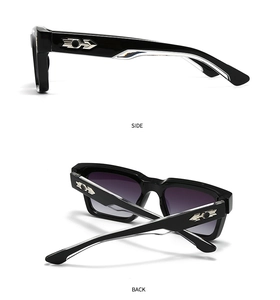 Detailed side and back view of black square sunglasses with silver metal arrow relief