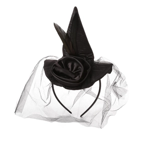 Elegant gothic witch hat headband with black rose, feathers and veil for Halloween party