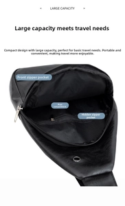 Detail view of the large capacity interior with zip pockets of the men's PU chest bag